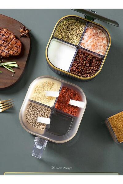 Bayev Table Top Spice Rack with 4 Spoons and Lid 4 Compartments Spice Box (Suitable for Restaurant and Cafe Use)