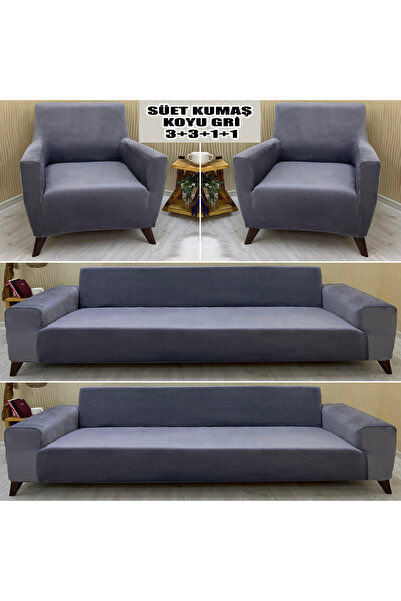 Home Süet Detaylı Angora Kumaş 2 Adet Üçlü & Çekyat- 2 Adet Tekli Set Koltuk Kılıfı