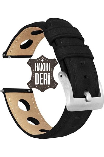 onlinekordon Genuine Leather Watch Band Strap with 46mm Smart Pins - 22mm Black Wide Hole