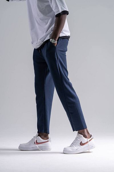 Superbluemexico Men's Basic Navy Blue Trousers with Elastic Waist
