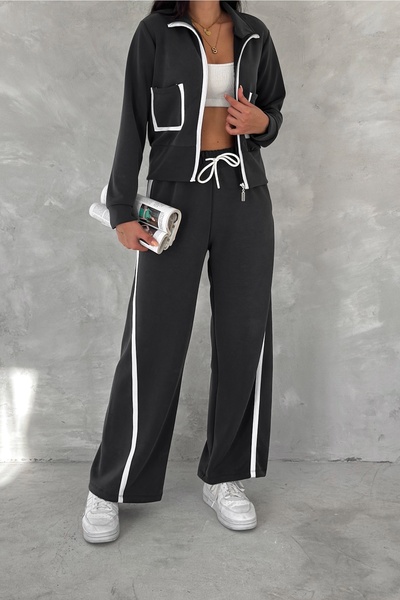 FEMELLE Women's Black Zippered Double Pocket Bottom - Top Set Modal Fabric Tracksuit Set