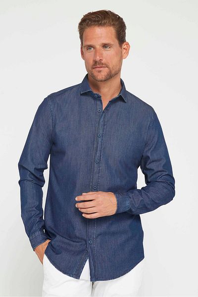 Tudors Sötétkék 4 Seasons Slim Fit férfi farmer ing - hosszú ujjú, olasz gallérral