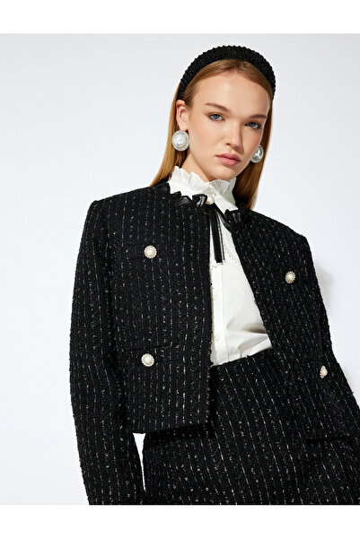 Koton Tulle Ruffle Detail Round Neck Tweed Jacket with Rhinestone Pearl Buttons