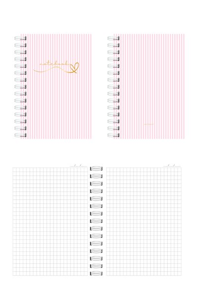 Martius Art A5 Set of 2 Hard Cover Spiral Notepad / School Notebook / Striped and Checkered Pink Gold Heart