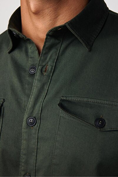 Tudors Slım Fit Uzun Kollu Düz Denim Kot Cepli Gabardin Erkek Haki Gömlek