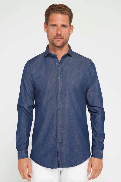 Tudors Sötétkék 4 Seasons Slim Fit férfi farmer ing - hosszú ujjú, olasz gallérral