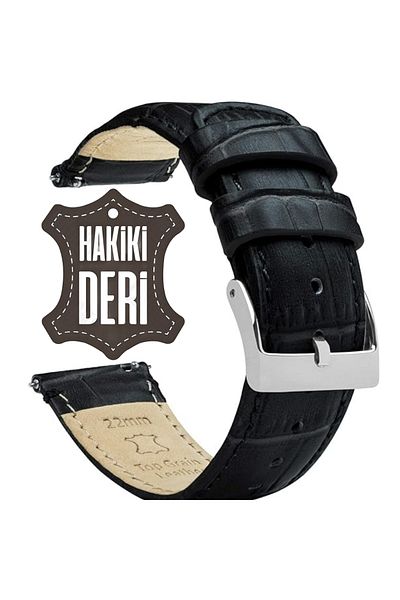 onlinekordon ⌚ 22mm Black Crocodile Pattern Genuine One-Piece Leather Watch Band Strap 46mm with Smart Pins