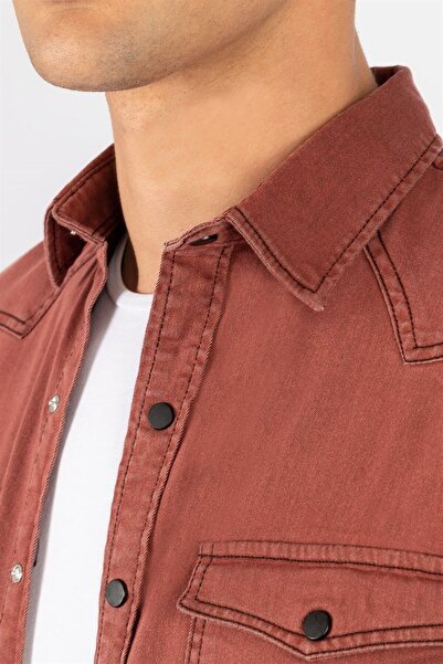 Tudors Slim Fit Uzun Kollu Gündelik Denim Kot Erkek Bordo Gömlek