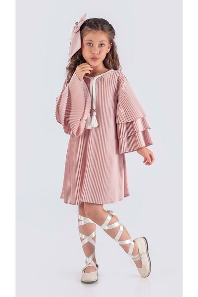 Mnk Baby&Kids Rochie de fetiță plisată crep - MNK0595 POWDER
