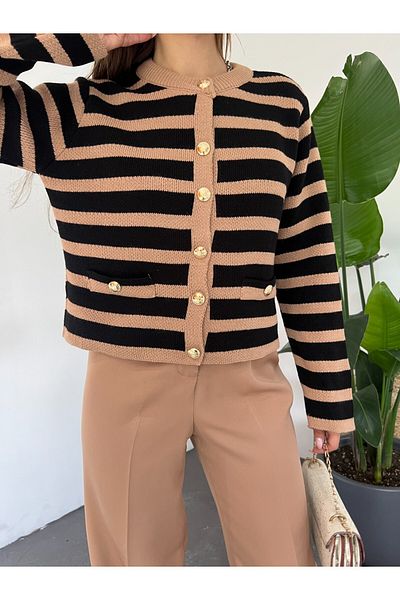 Modamorfo Round Neck Striped Pocket Detailed Cardigan - Tan