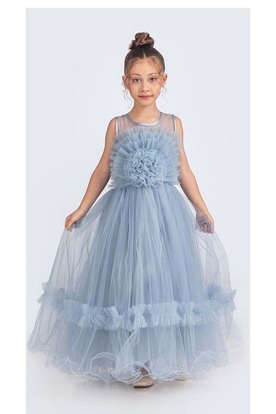 Mnk Baby&Kids Rochie de seară pentru fetiță cu bretele până la podea cu motiv trandafir - M00670 ALBASTRU
