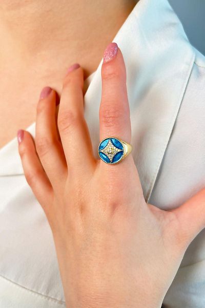 Sose Moda Zircon Stone Round Knight Ring - Blue