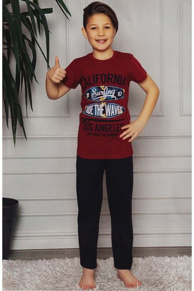 Mnk Baby&Kids Tricou cu mânecă scurtă, pantaloni lungi Pijamale băieți M00672 Roșu Claret - ALBASTRU ÎNCHIS