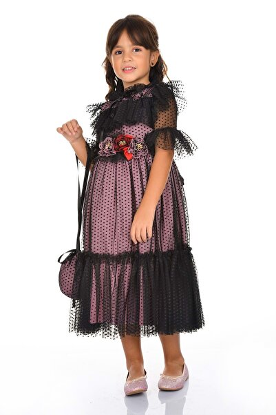 Mnk Baby&Kids Dantel Vintage Çantalı Elbise MNKA248 PEMBE