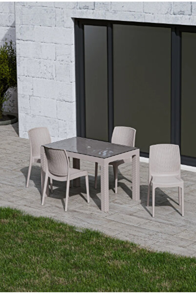 ZİYNET HOME 4 Kişilik 70x120 cm Rattan Masa Takımı Camlı  Kolsuz Sandalye Bahçe Teras Takımı Oturma Grubu