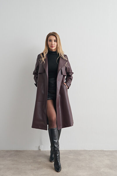 Rabia Çelik Kadın Bordo Arkası Yırtmaçlı Kolu Kemer Detaylı Içi Astarlı Mevsimlik Suni Deri Trençkot