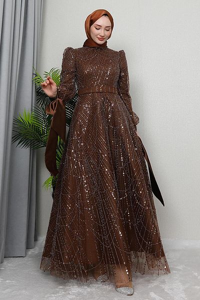 GİZ AGİYİM Selver Hijab Evening Dress Coffee