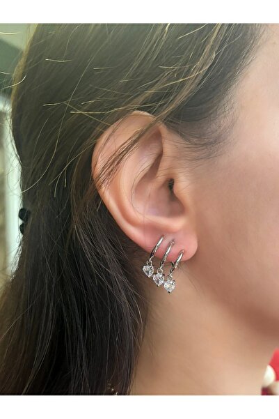 nevamor Steel Triple Look Silver Small Heart Model Dangle Earrings