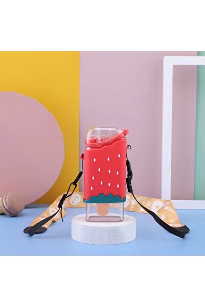 Livava Strawberry Ice Cream Water Bottle with Strap and Straw, Red, 18X6-