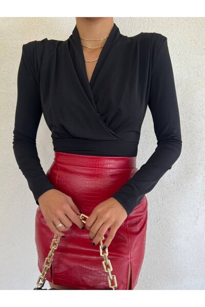 Modamorfo Padded Double Breasted Model Sandy Blouse -Black