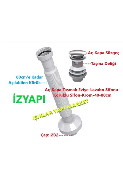 İZYAPI Aç-Kapa Taşmalı Eviye-Lavabo Sifonu-Körüklü Sifon-Krom-40-80cm