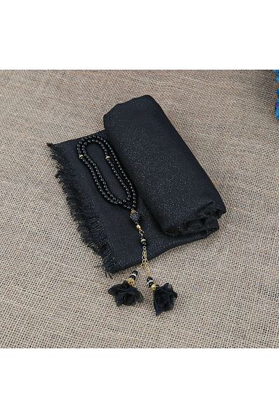 İkranur Black Cotton Gift Shawl and Pearl Prayer Beads - Rose Design