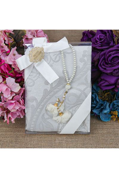 İkranur Gift Silk Nur Taffeta Prayer Rug Cream & Rose Pearl Prayer Beads 8 Mm Cream