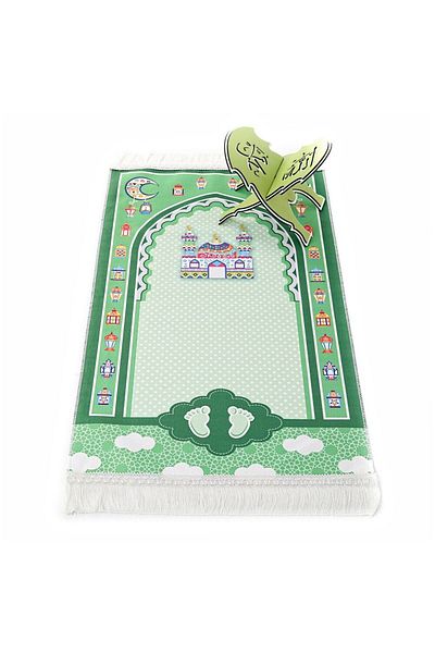 İkranur Children's Prayer Rug Sahra Green 82×45 Cm 110 gr - With Rosary Gift