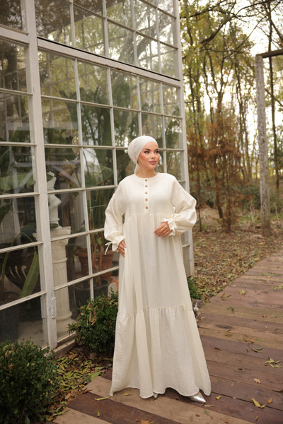 Nissra Ankanoor Ecru Half Placket Muslin Dress Anka 255055