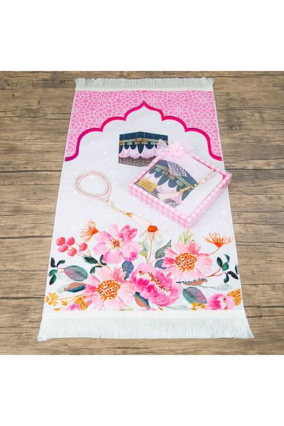 İkranur Children's Prayer Rug 45*82 Cm, Acetate Boxed Set with Pearl Prayer Beads - Pink