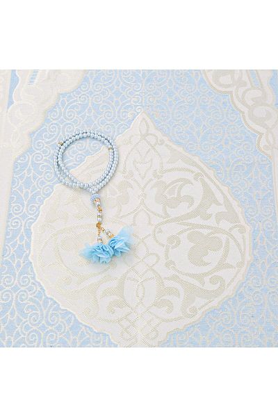 İkranur Gift Silk Nur Taffeta Prayer Rug Blue & Rose Pearl Rosary 8 Mm Blue