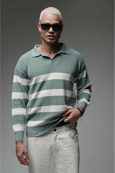 king brich Ανδρικό πουλόβερ Kingbrich Polo Neck ριγέ Oversize Fit