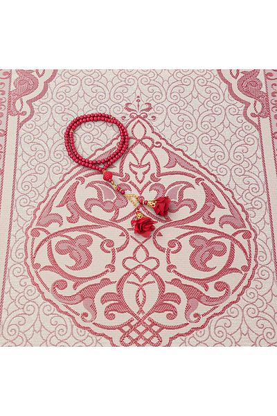 İkranur Gift Silk Nur Taffeta Prayer Rug Burgundy & Rose Pearl Rosary 8 Mm Burgundy