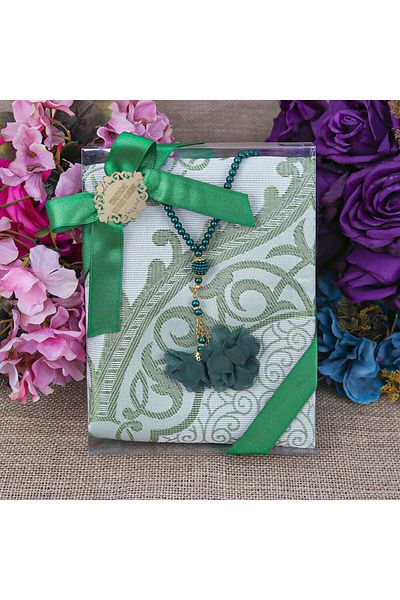 İkranur Gift Silk Nur Taffeta Prayer Rug Green & Rose Pearl Prayer Beads 8 Mm Green