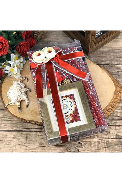 İkranur Gift Prayer Rug, Framed Line, Pearl Prayer Beads, Decorated Acetate Box (30×18) Set-red