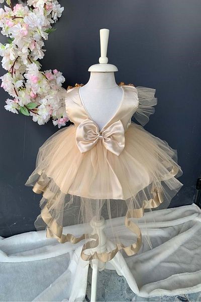 Mnk Baby&Kids Sequin Sequined Bow Satin Baby Girl Mevlütluk Dress Pnpn176 Beige