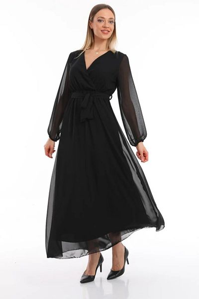 thezkscom Black Double Breasted Neckline Belted Plus Size Chiffon Dress Sk