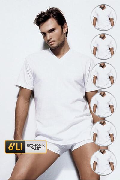 Çift Kaplan Men's Single Jersey V-Neck White T-shirt 945 Economic Pack of 6