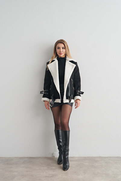 Rabia Çelik Kadın Siyah Içi Kürklü Bilek Ve Etek Detaylı Fermuarlı Kışlık Süe...