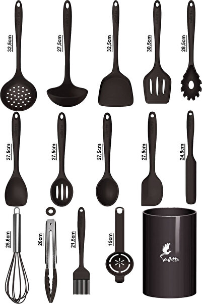 valletta Trigona Isıya Dayanıklı Yanmaz Yapışmaz Silikon Spatula Seti 15 Parça Siyah