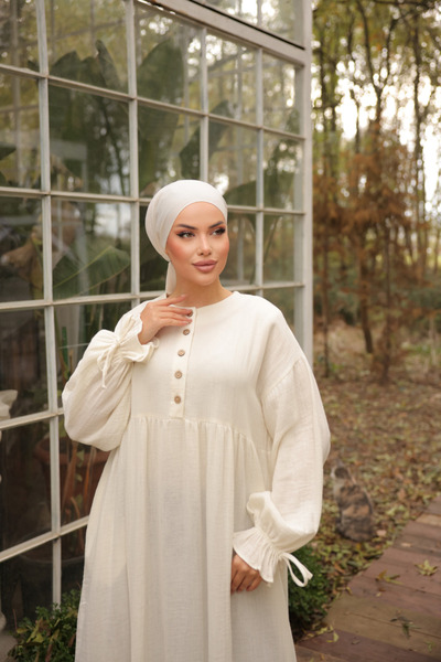 Nissra Ankanoor Ecru Half Placket Muslin Dress Anka 255055