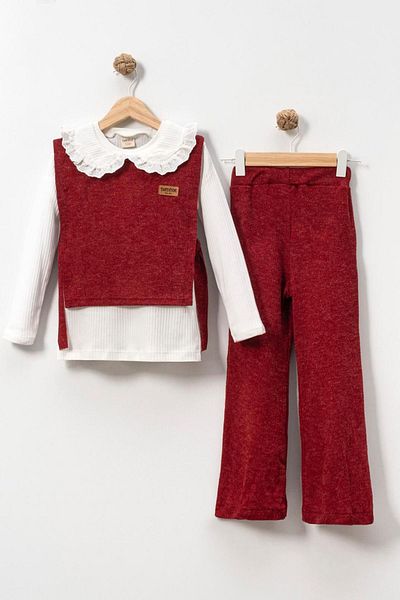 Minigimin Cicileri Burgundy Girl's My Mini's Suit - Lace Collar Blouse, Vest and Loose Leg Pants