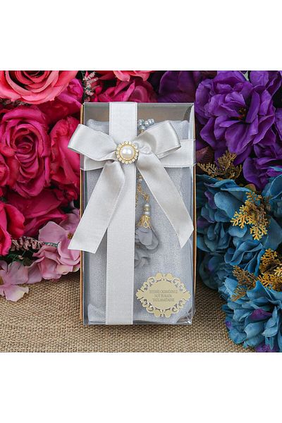 İkranur Gray Gift Shawl and Pearl Prayer Beads - Rose Bag Design