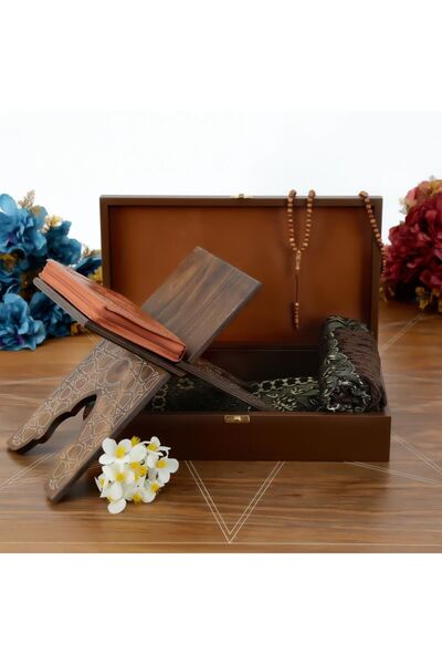 İkranur Hediyelik Ahşap Kutu Kahve, Seccade, Kur'an-ı Kerim, Rahle, Tesbihli Set