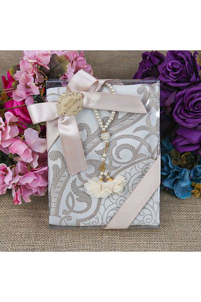 İkranur Gift Silk Nur Taffeta Prayer Rug Mink & Rose Pearl Rosary 8 Mm Mink