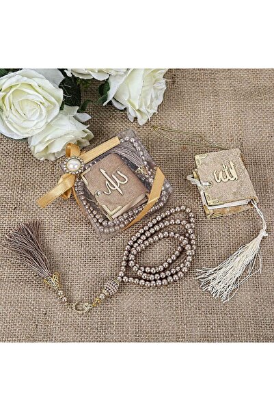 İkranur Hediyelik Mini Kuran, Inci Tesbihli Kare Kutulu Set-kahve