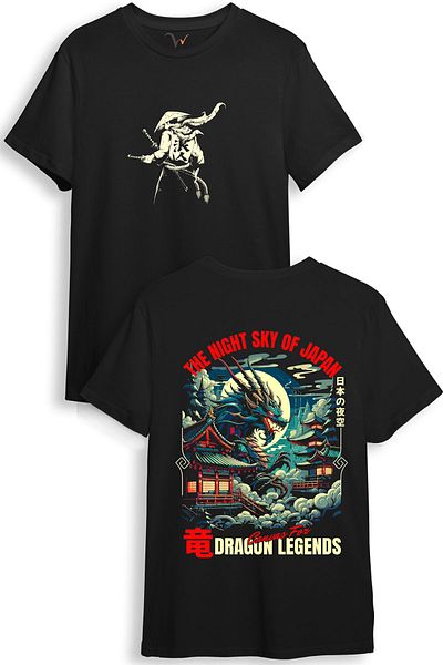 WİDİ Μαύρο μπλουζάκι ιαπωνικού σαμουράι Streetwear Dragon Ejder με κομψό σχέδιο 100% βαμβακερό κανονική εφαρμογή
