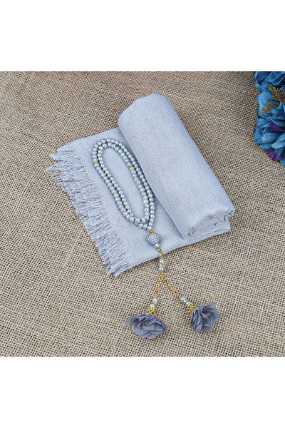 İkranur Gray Gift Shawl and Pearl Prayer Beads - Rose Bag Design