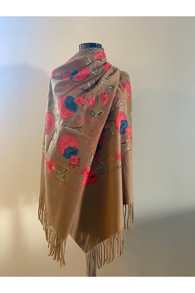 HERCHES Nar Desen Nakışlı Kışlık Omuz Şalı - Hardal
