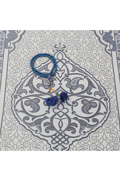 İkranur Gift Silk Nur Taffeta Prayer Rug Navy Blue & Rose Pearl Rosary 8 Mm Dark Blue